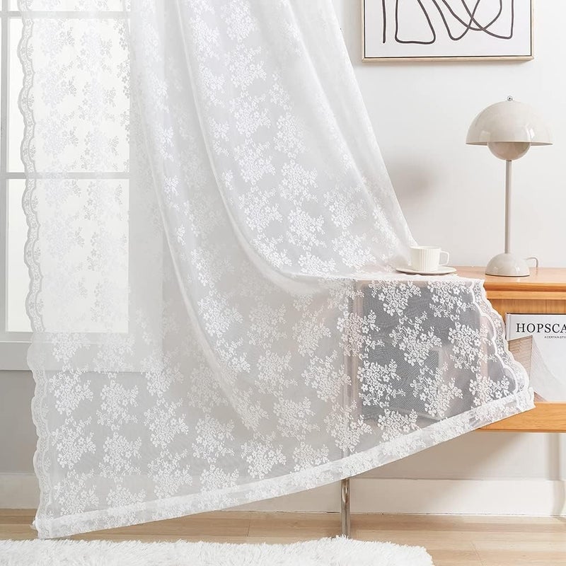 YJ YANJUN White Lace Curtains 102 inch Long 2 Panels Cottagecore Vibe Floral Sheer Curtains for Bedroom Sliding Glass Door Light Filtering Bohemian Farmhouse Country Decor W52 X L102 - Image 4